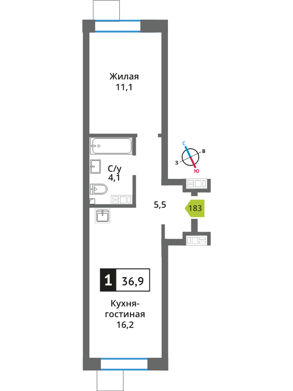 2 ккв (Евро) 36,9 м²