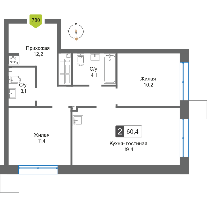 3 ккв (Евро) 60,4 м²