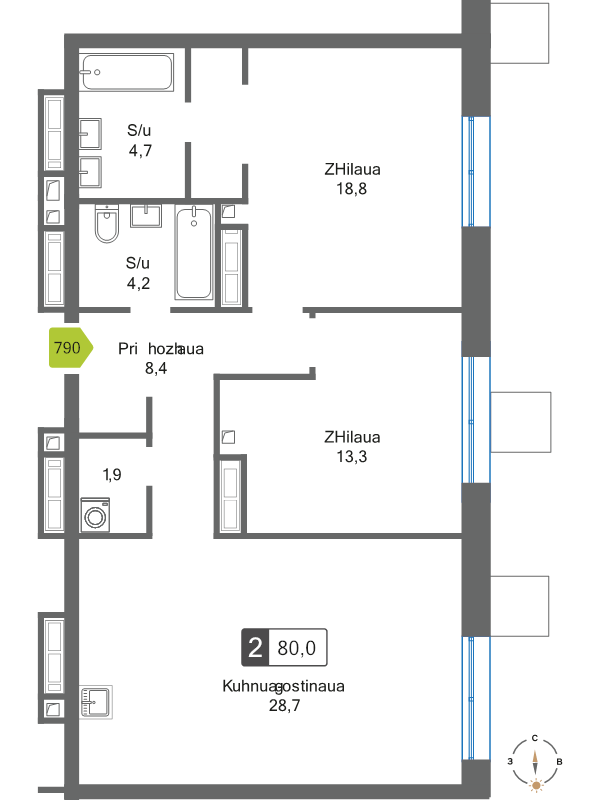 3 ккв (Евро) 80 м²