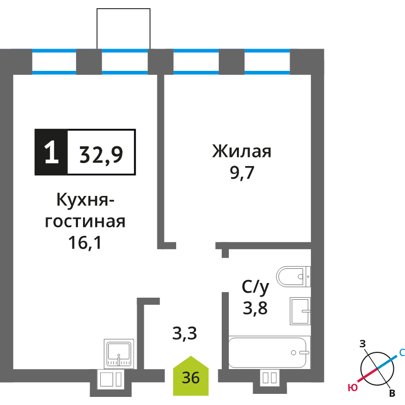 2 ккв (Евро) 32,7 м²