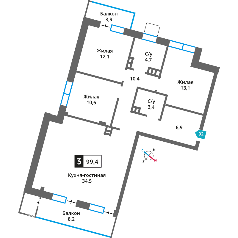 4 ккв (Евро) 95,8 м²