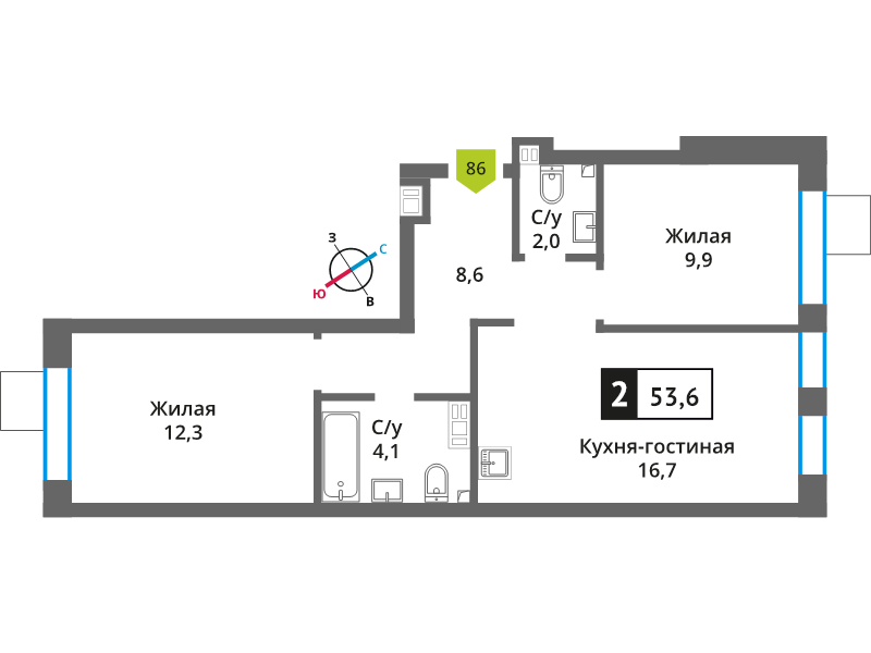 3 ккв (Евро) 53,6 м²