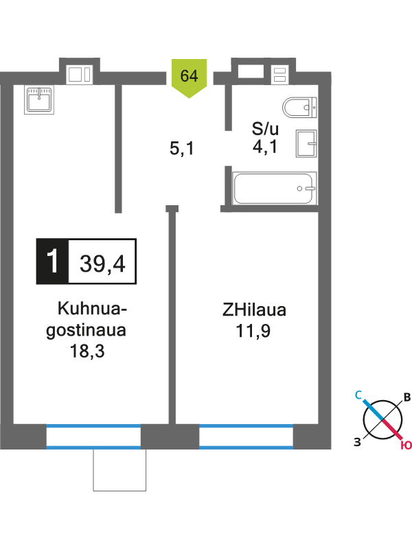 2 ккв (Евро) 39,4 м²