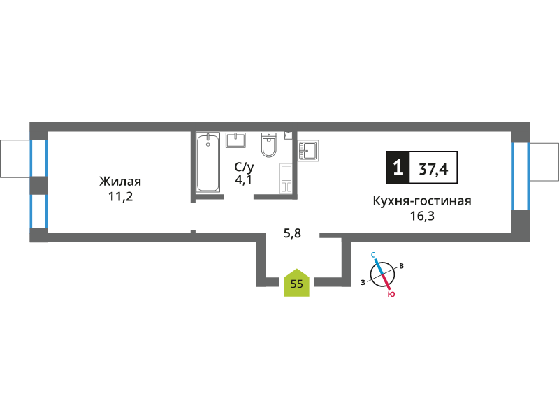 2 ккв (Евро) 37,4 м²