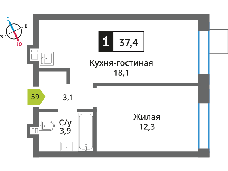 2 ккв (Евро) 37,4 м²
