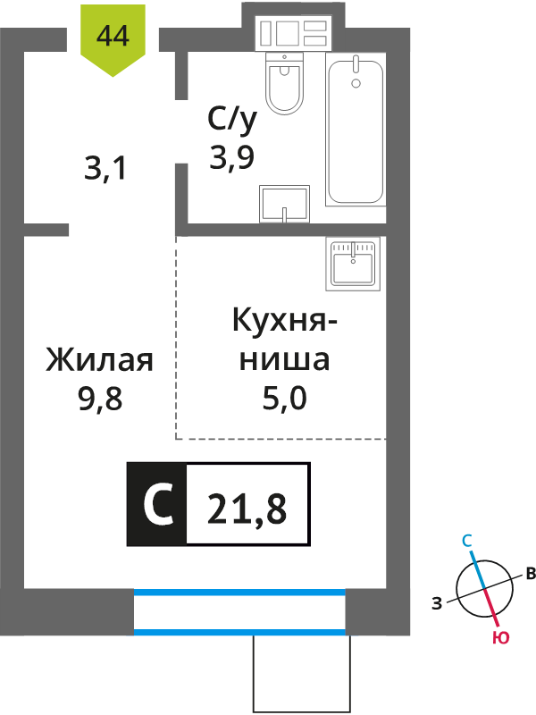 Студия 21,8 м²