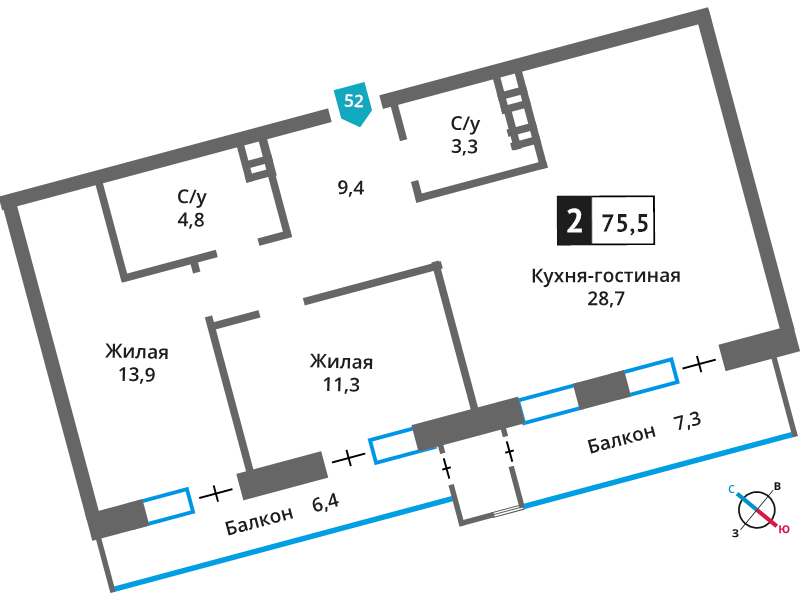 3 ккв (Евро) 71,5 м²
