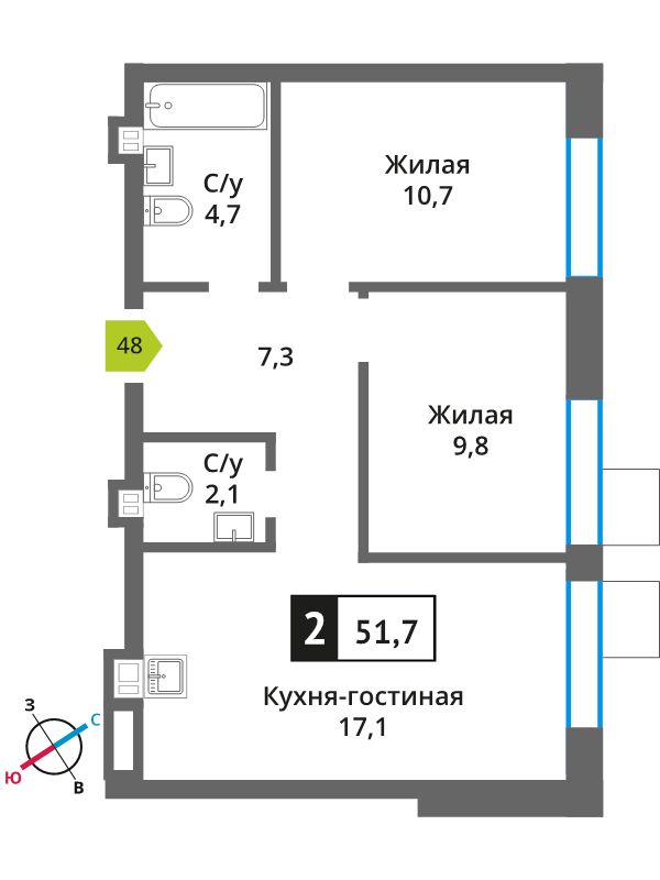 3 ккв (Евро) 51,7 м²