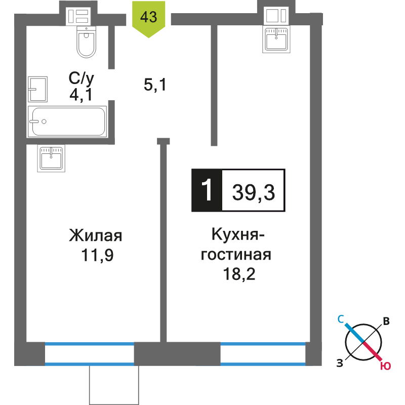 2 ккв (Евро) 39,3 м²