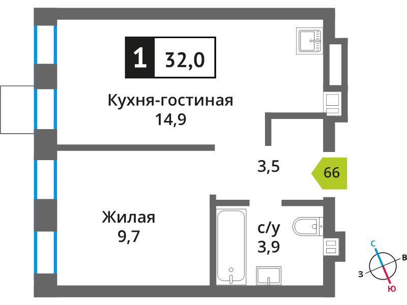 2 ккв (Евро) 32 м²