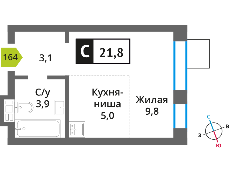 Студия 21,8 м²