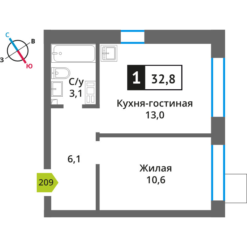 1 ккв 32,8 м²