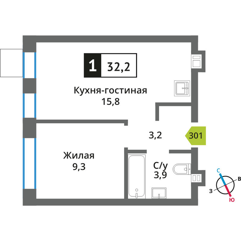 2 ккв (Евро) 32,2 м²