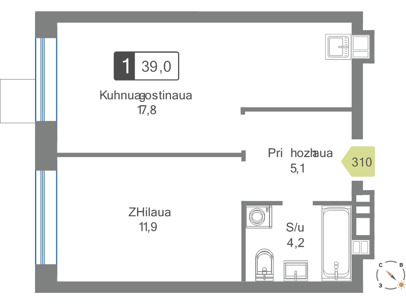 2 ккв (Евро) 39 м²