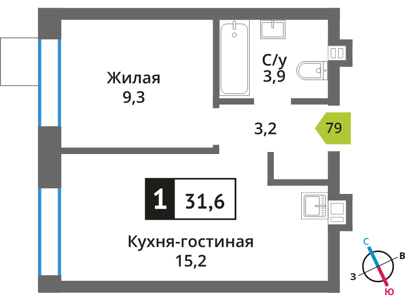 2 ккв (Евро) 31,6 м²