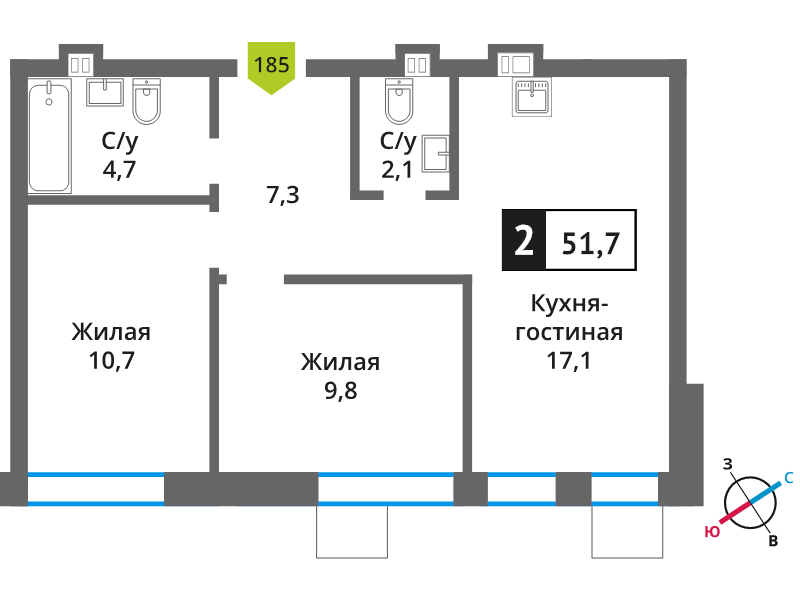 3 ккв (Евро) 51,7 м²
