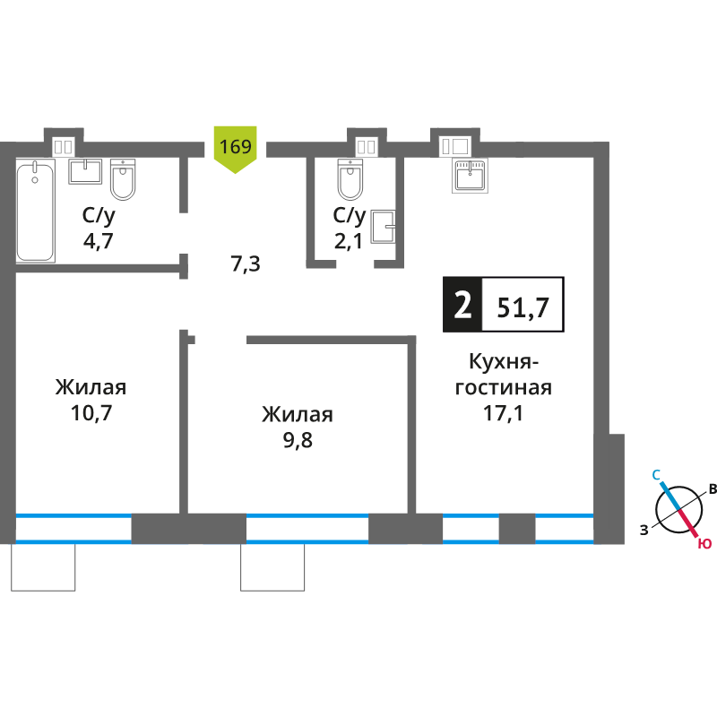 3 ккв (Евро) 51,7 м²