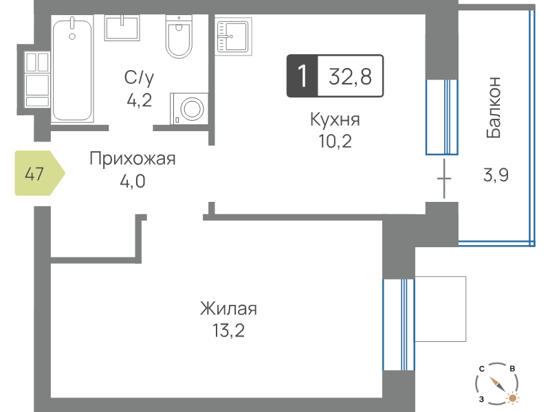 1 ккв 32,8 м²
