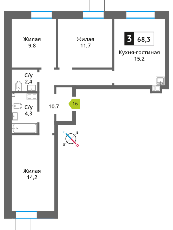 4 ккв (Евро) 68,3 м²