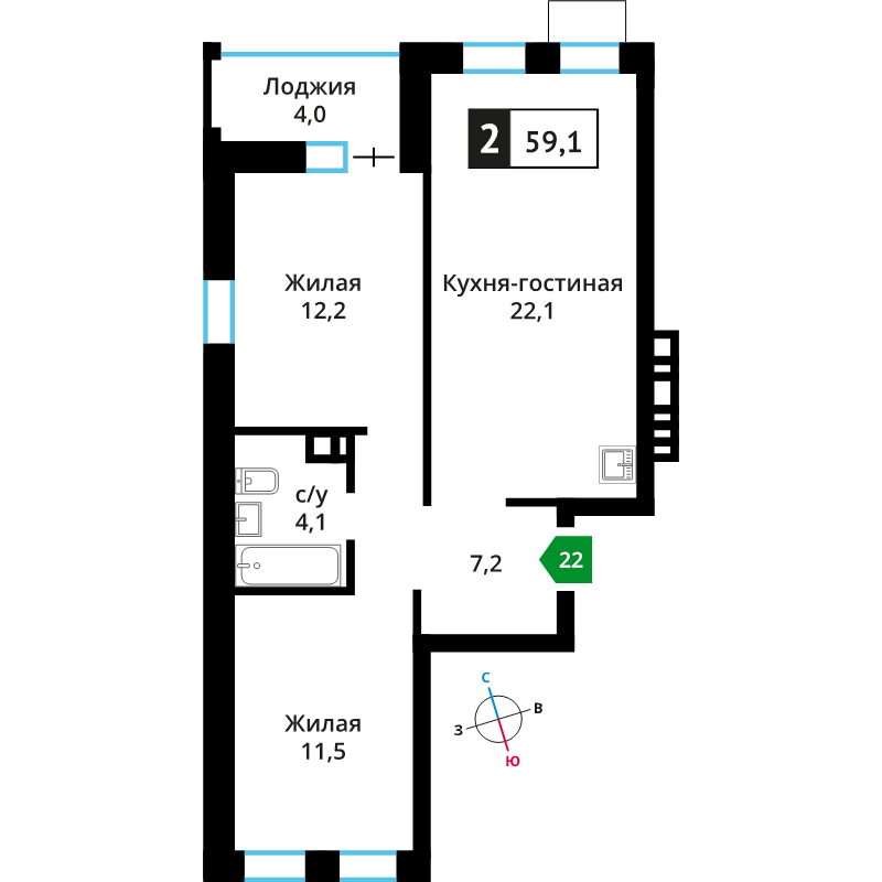 3 ккв (Евро) 57,2 м²