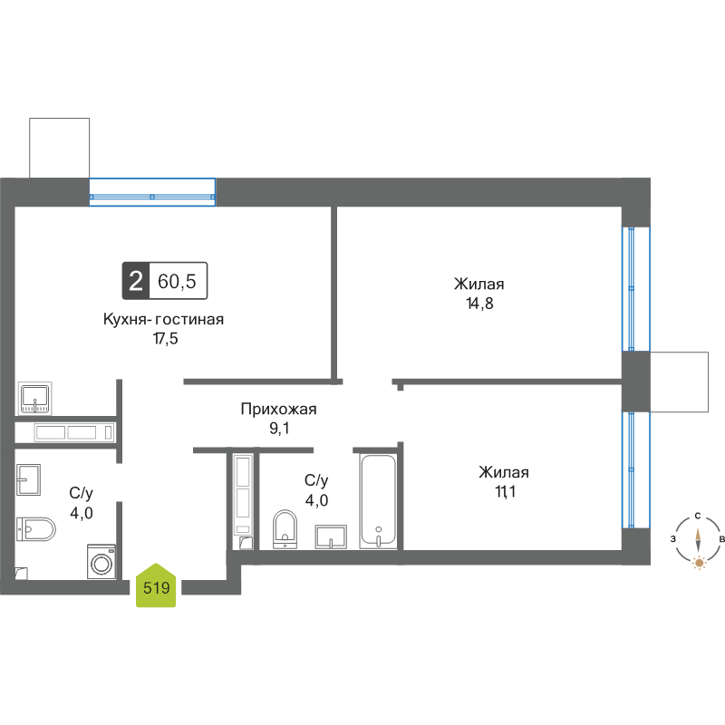 3 ккв (Евро) 60,5 м²
