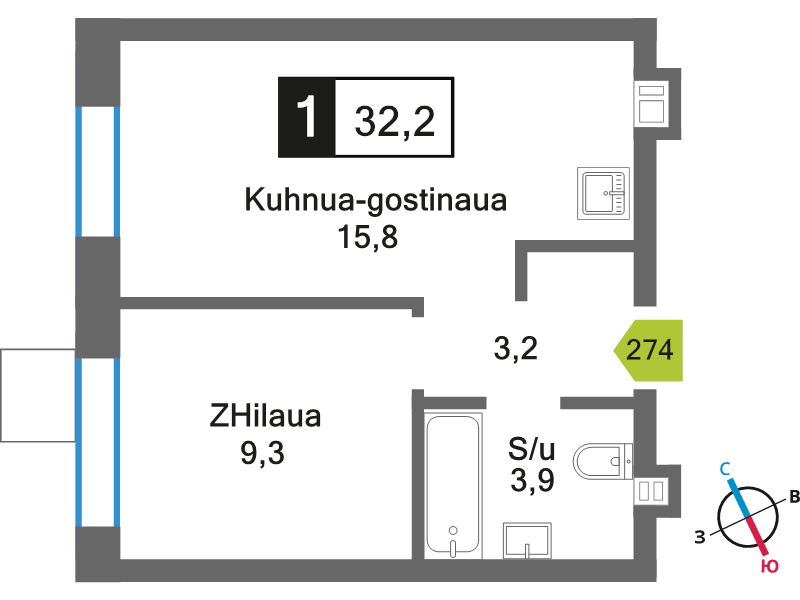 2 ккв (Евро) 32,2 м²