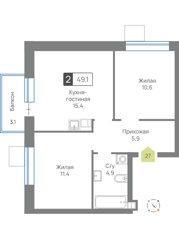 3 ккв (Евро) 49,1 м²