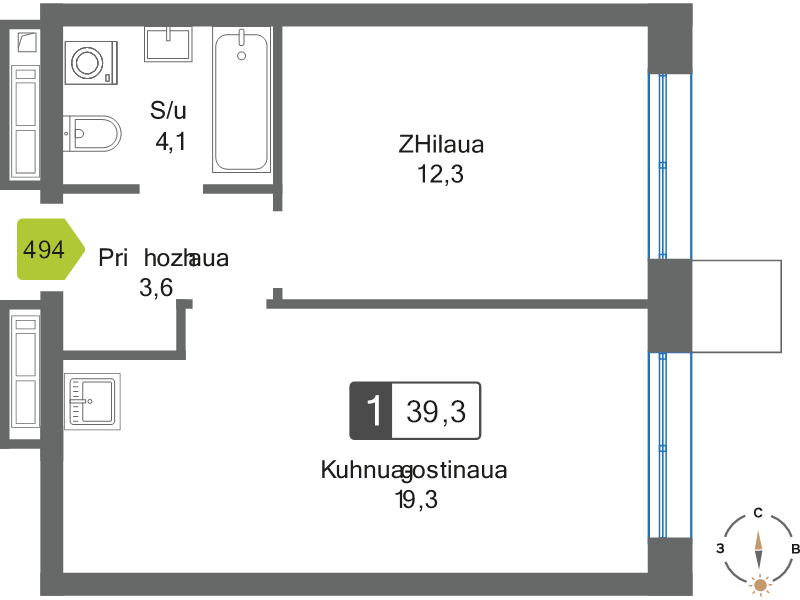 2 ккв (Евро) 39,3 м²