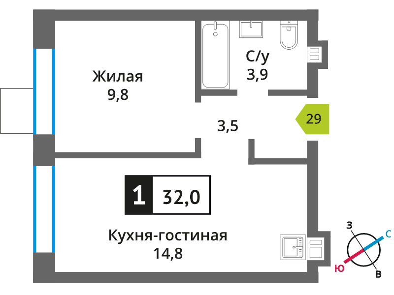 1 ккв 32 м²