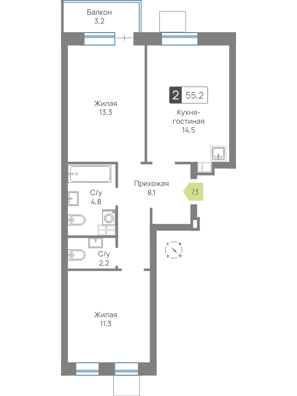 2 ккв 55,2 м²