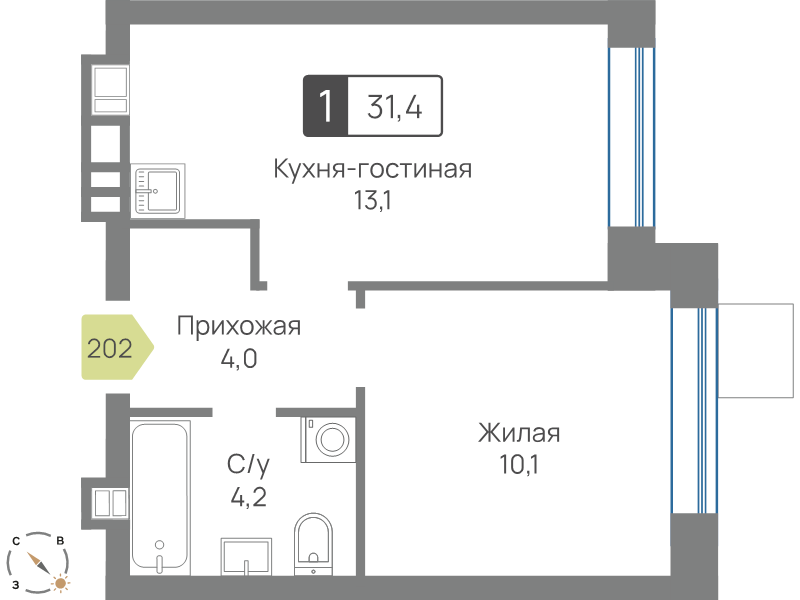 1 ккв 31,4 м²