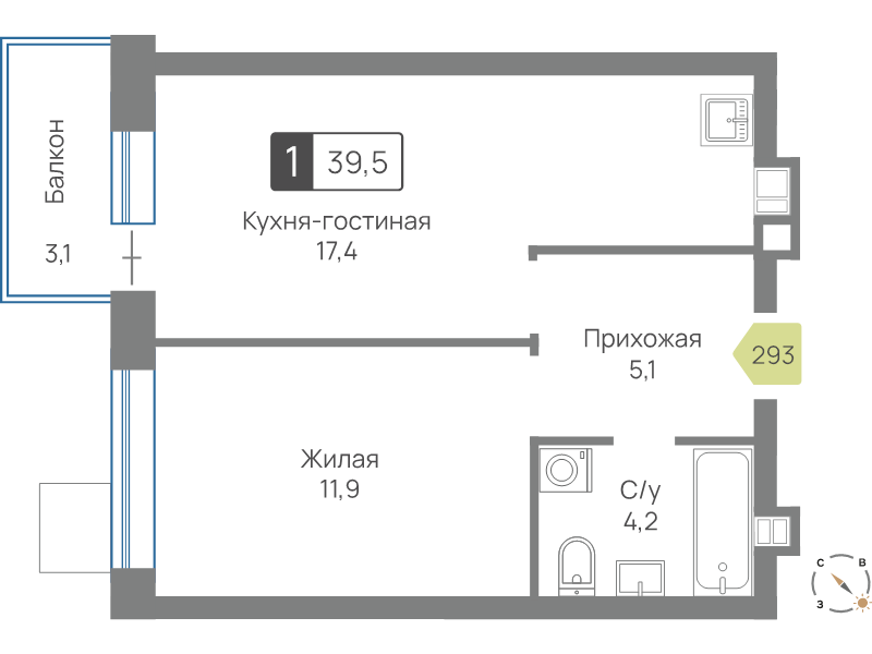 2 ккв (Евро) 39,5 м²