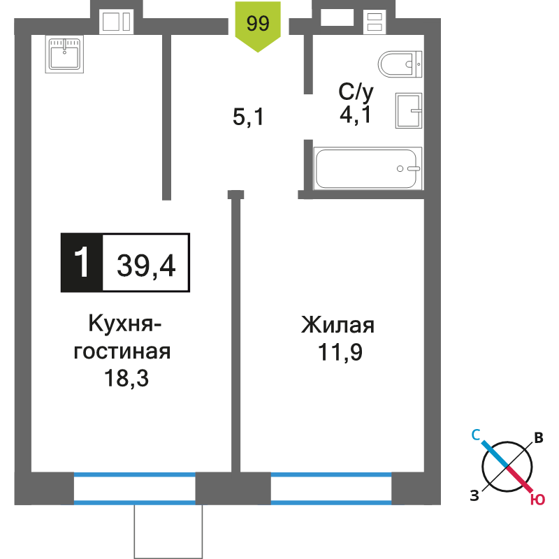 2 ккв (Евро) 39,4 м²