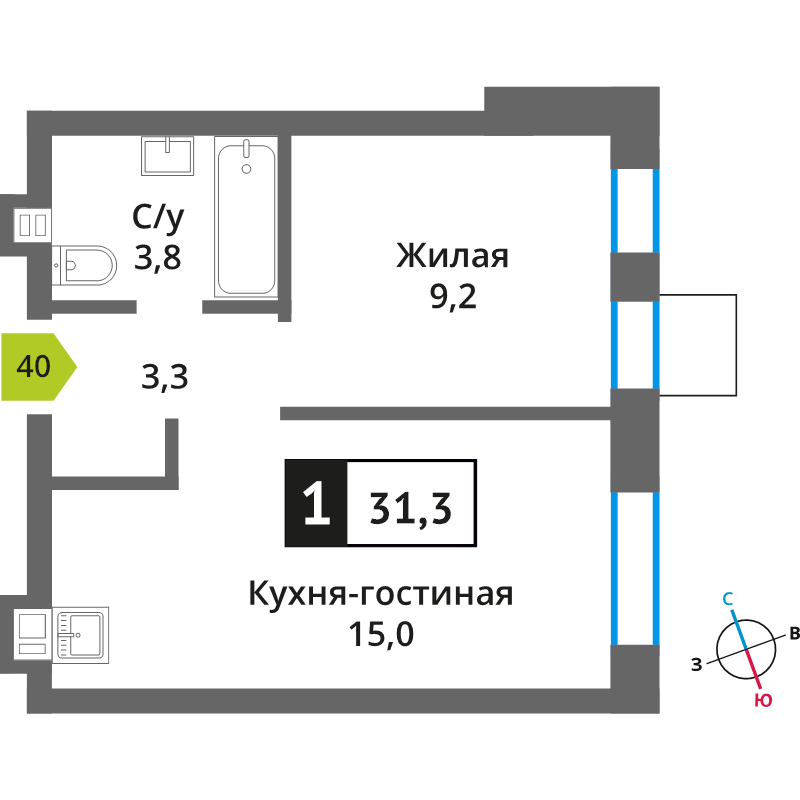 2 ккв (Евро) 31,3 м²