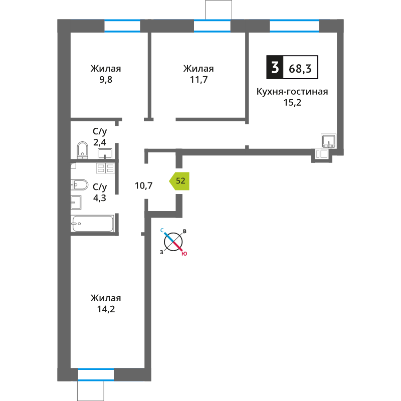 4 ккв (Евро) 68,3 м²