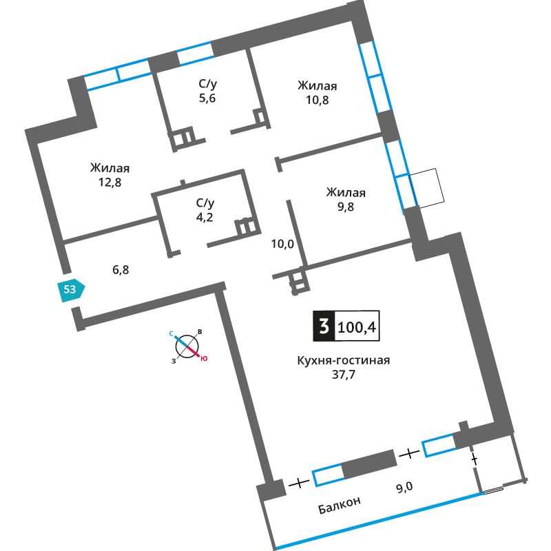 4 ккв (Евро) 97,8 м²