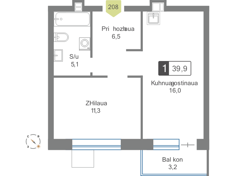 2 ккв (Евро) 39,9 м²