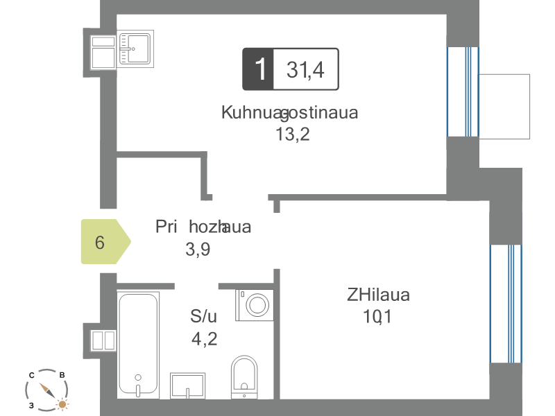 1 ккв 31,4 м²