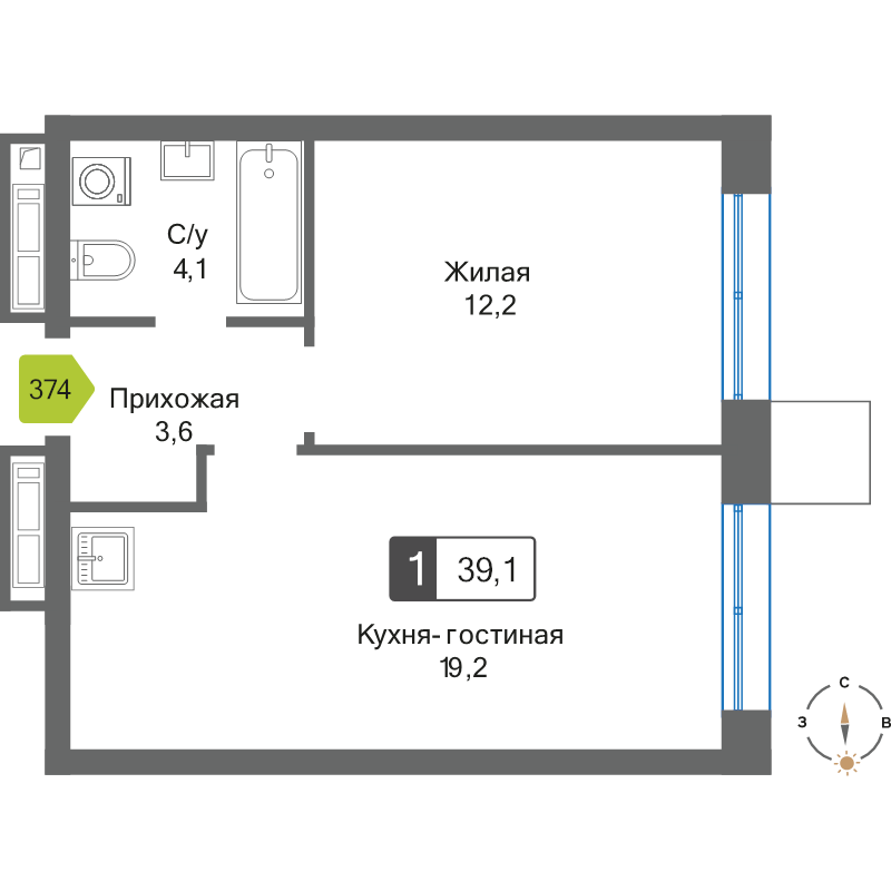 2 ккв (Евро) 39,1 м²