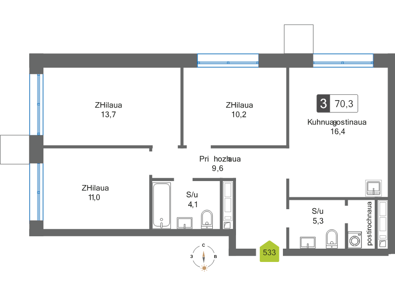 4 ккв (Евро) 70,3 м²