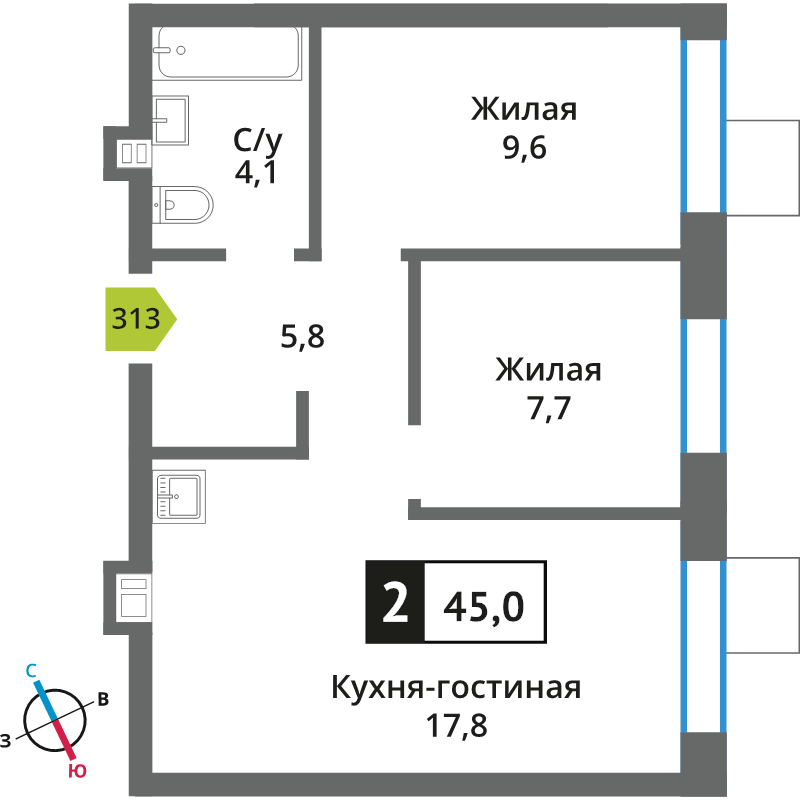 3 ккв (Евро) 45 м²