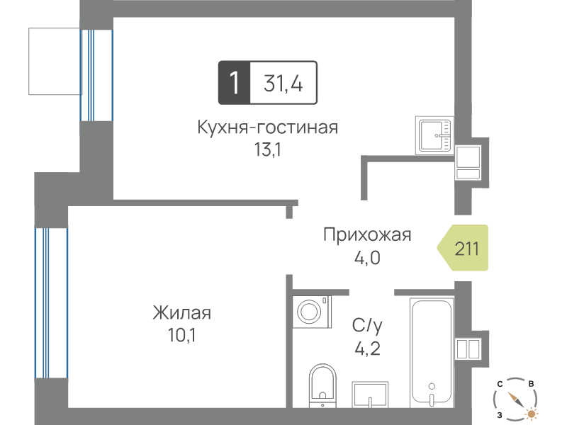 1 ккв 31,4 м²