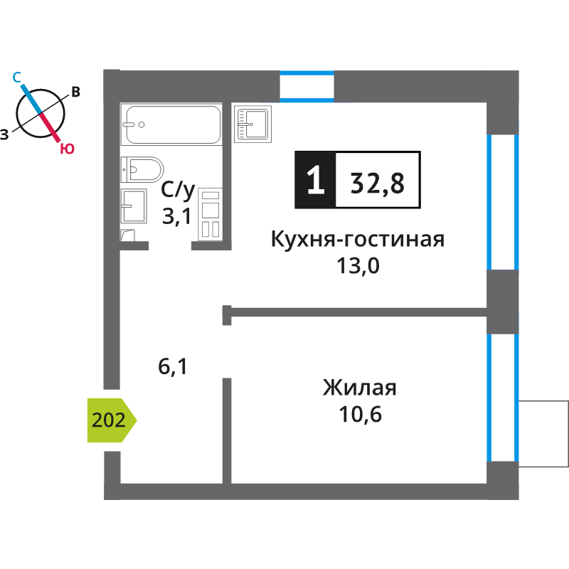 1 ккв 32,8 м²