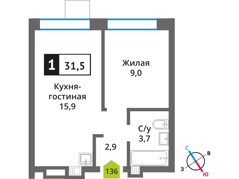 2 ккв (Евро) 31,5 м²
