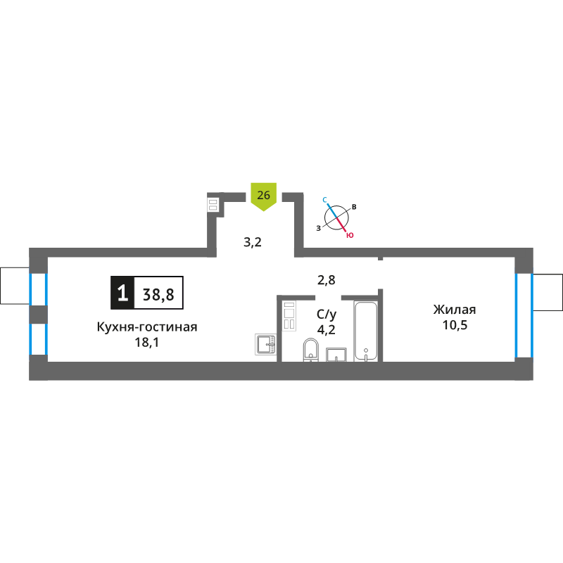 2 ккв (Евро) 38,6 м²