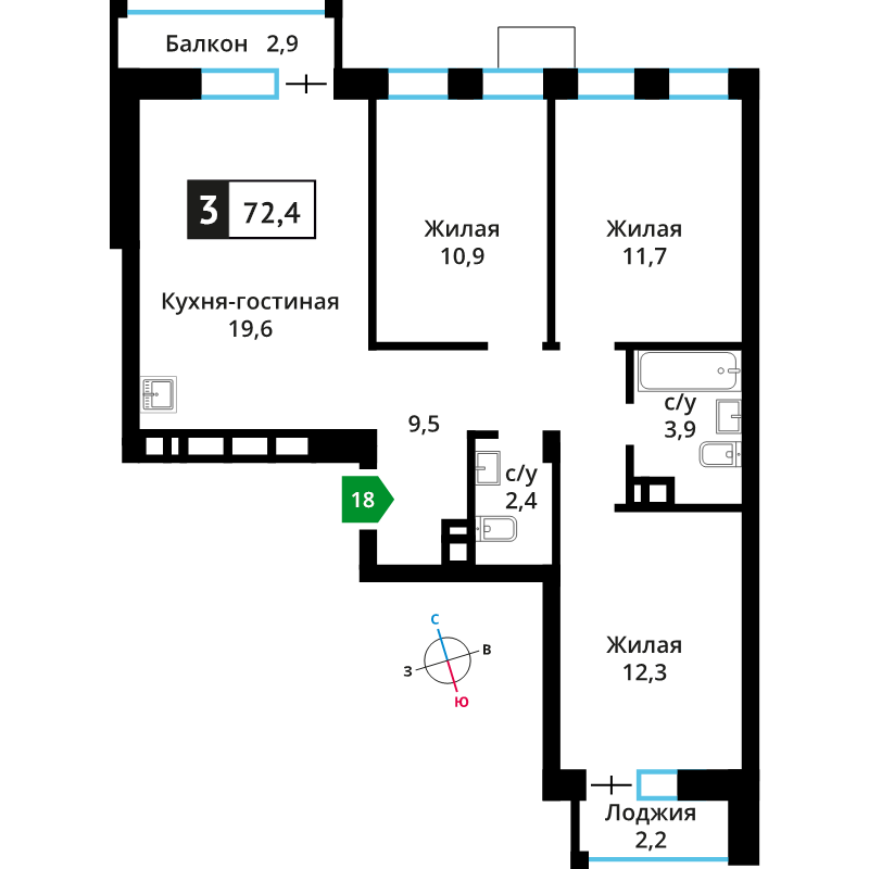 4 ккв (Евро) 70,9 м²