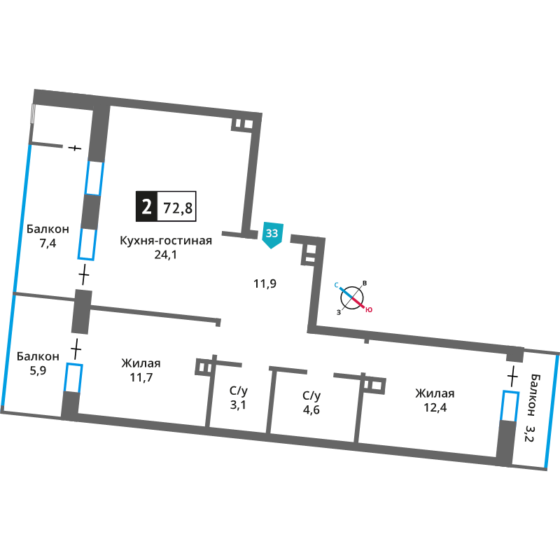 3 ккв (Евро) 67,9 м²