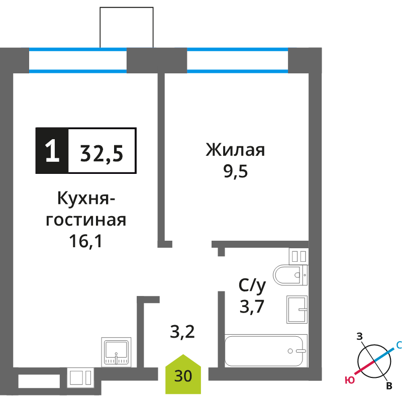 2 ккв (Евро) 32,4 м²
