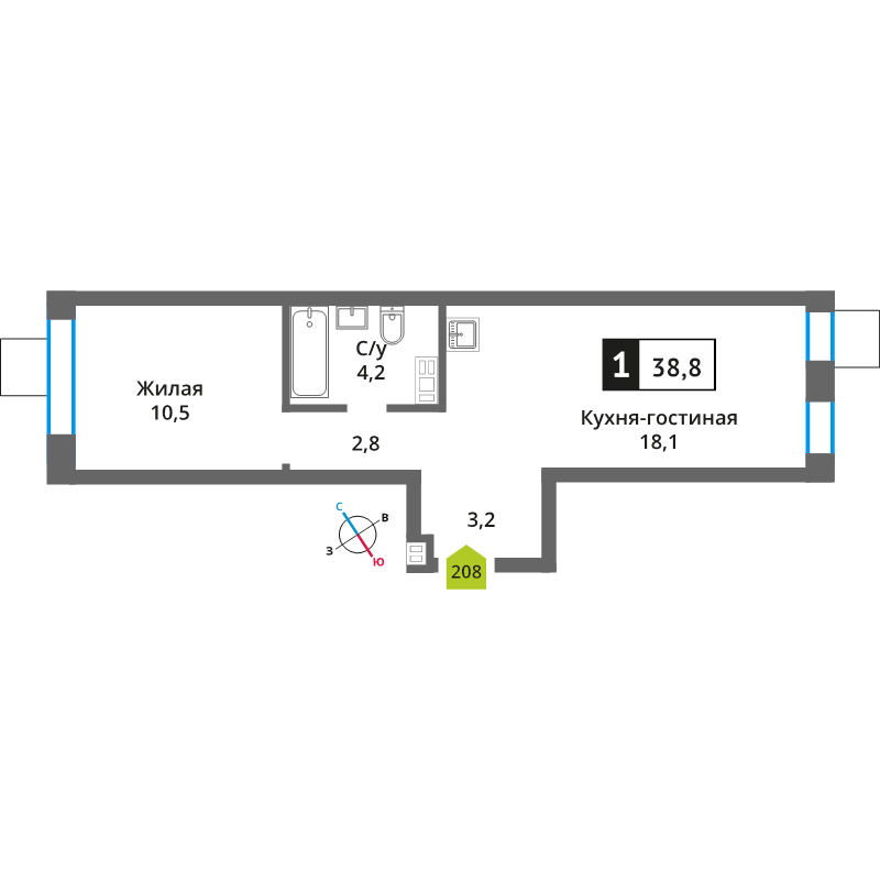 2 ккв (Евро) 38,8 м²