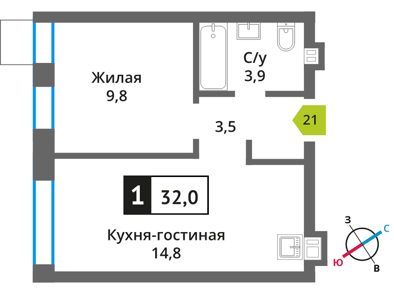 1 ккв 32 м²